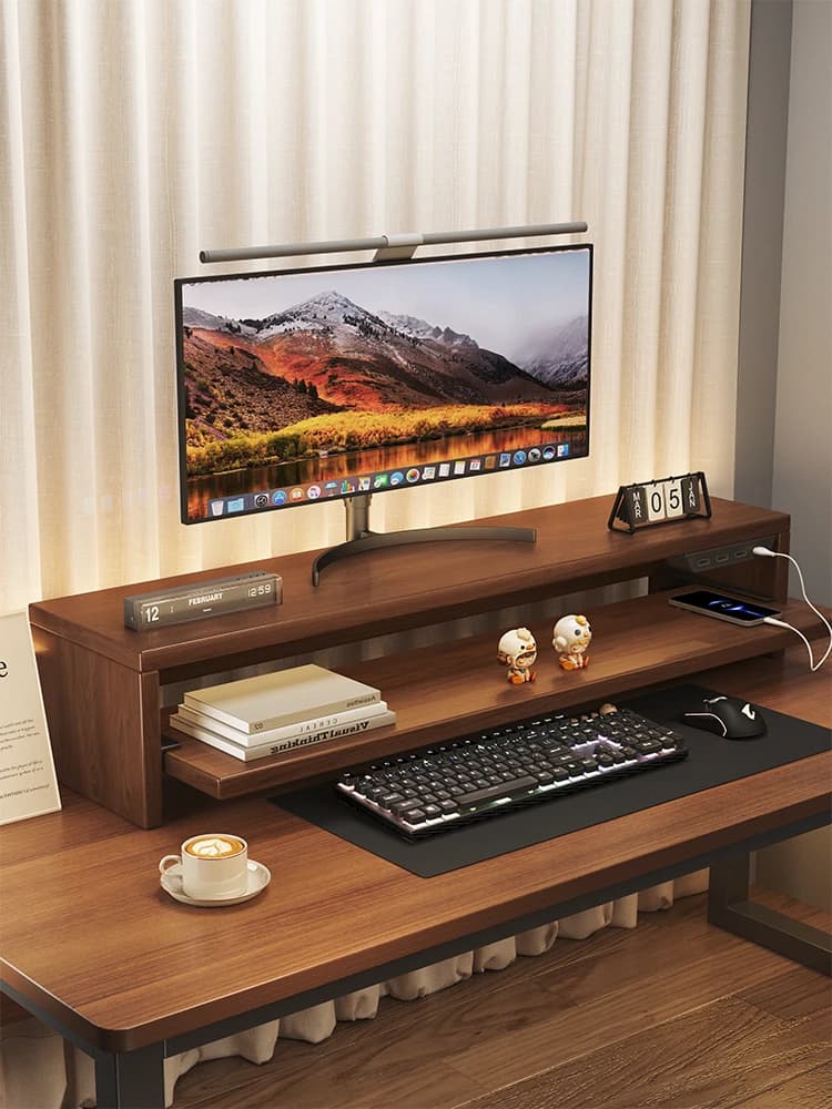 Desk Monitor Support with Drawer, Office Organizer with USB Expansion, Work Station with Storage Space, Simple Style in Densified Panel