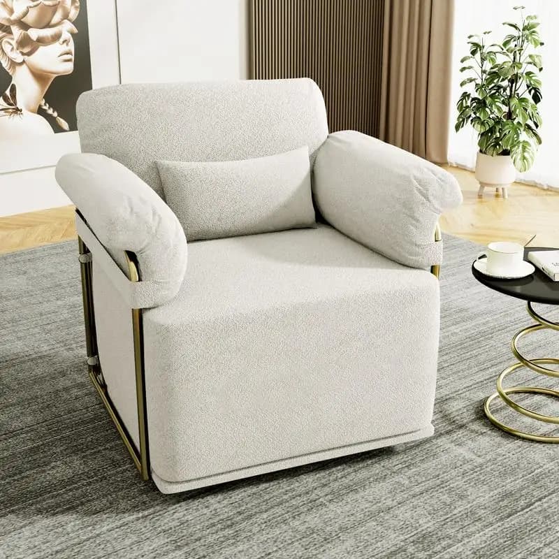 Sedia d'accento girevole beige a 360 gradi, poltrona lounge imbottita in soffice tessuto con gambe dorate, poltrona accogliente per soggiorno,