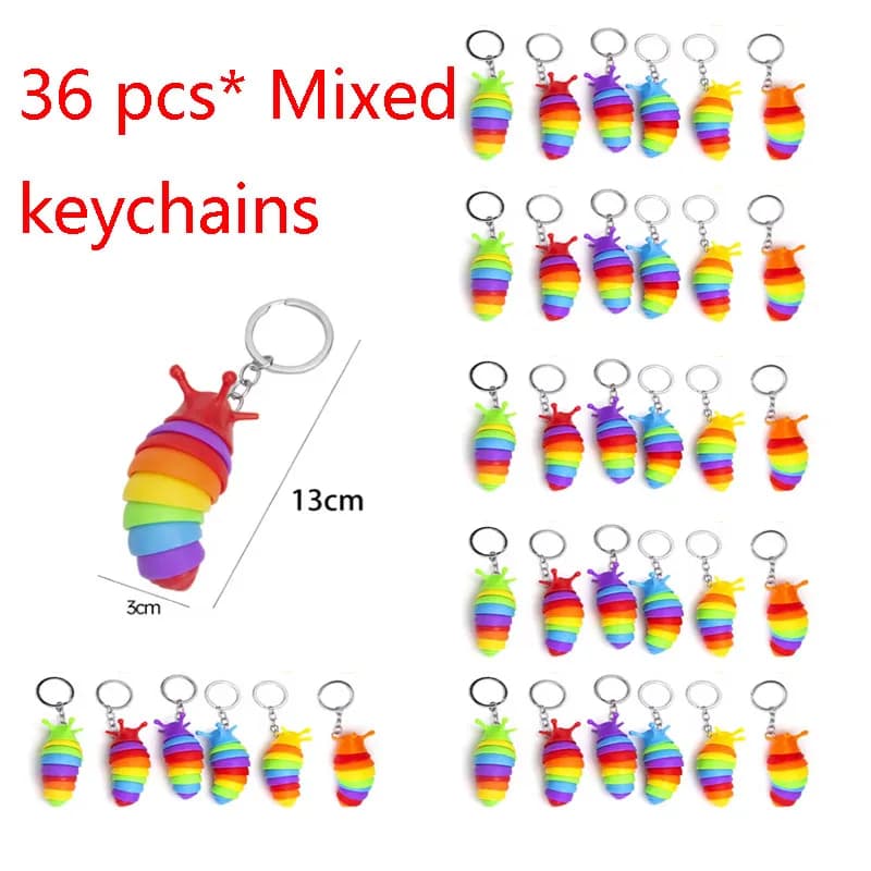 36 pezzi Rainbow Slug Caterpillar Mini portachiavi Fidget decompressione per bambini adulti Slug Spremere giocattoli