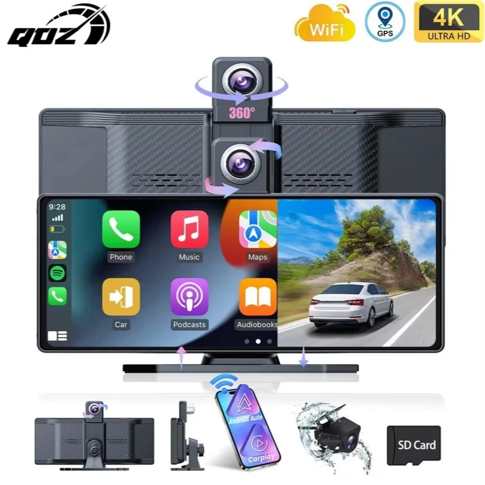 QOZ 4K 360 ° Dash Cam for car with DVR rotation with intelligent 10.26 inch CarPlay wireless and Android Auto AUX FM Bluetooth WIFI