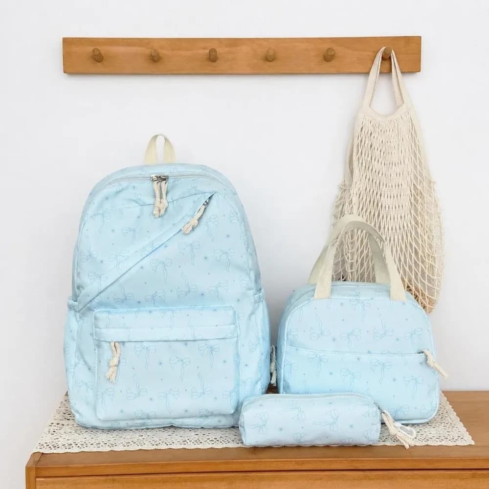 3PCS Bow Print Backpack,lunch Bag,Pencil Case Set Spacious Lightweight Schoolbag Set Portable Multicolor Student Rucksack Set