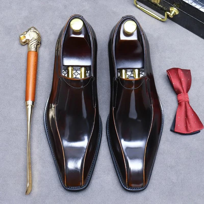 Mocassini Slip-On a Tre Giunture con Finitura Spazzolata, Scarpe Formali da Ufficio in Vera Pelle di Vacchetta, Nuove Scarpe in Pelle per Uomo