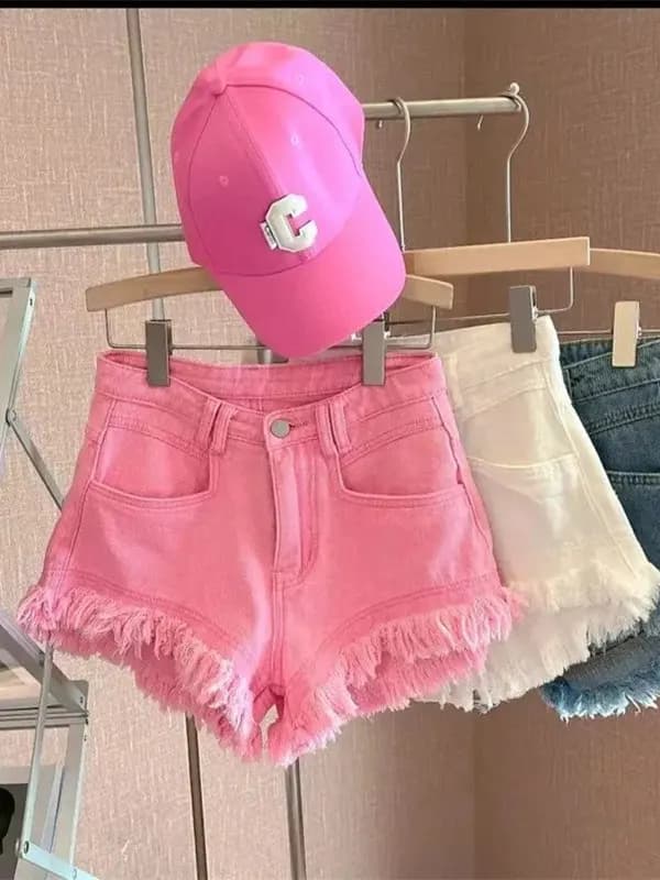 Pantaloncini in denim rosa da donna, stile coreano casual, con frange e nappe, ispirazione Hong Kong, per l'estate e il tempo libero