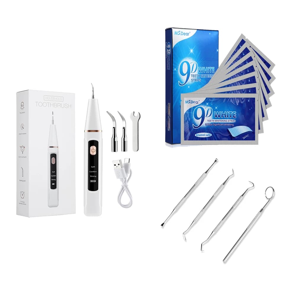 Electric Dental Ankler with Teeth Whitening Strips 9D Plate Tartar Scaler Set Detergent for Teeth stains Removal of Oral Hygiene Tartar