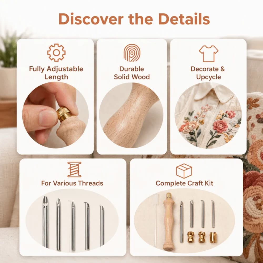 Solid Wood Handle Punch Needle Tool Adjustable 5mm 3 Replaceable Heads Rug Making Tool Ergonomic Handle 5.31 Inch