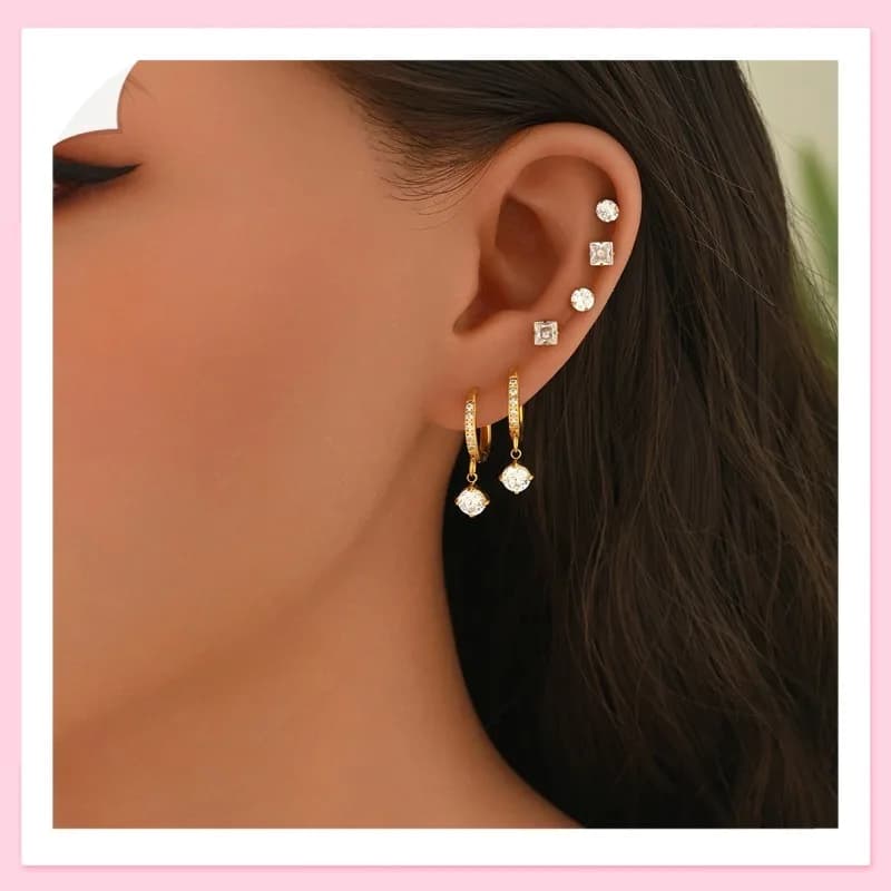 Orecchini a cerchio con pendente a diamante quadrato, stile influencer, in acciaio al titanio con zirconi, set multi-orecchino, design di nicchia