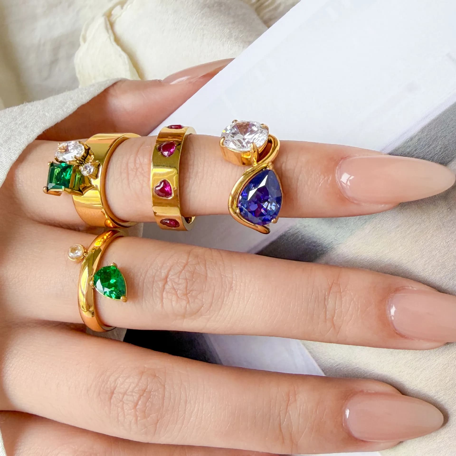 18K Gold Plated Stainless Steel Colorful Zircon Rings for Women Luxury Heart Pear Square Cut Cubic Zirconia Ring Jewelry Gift