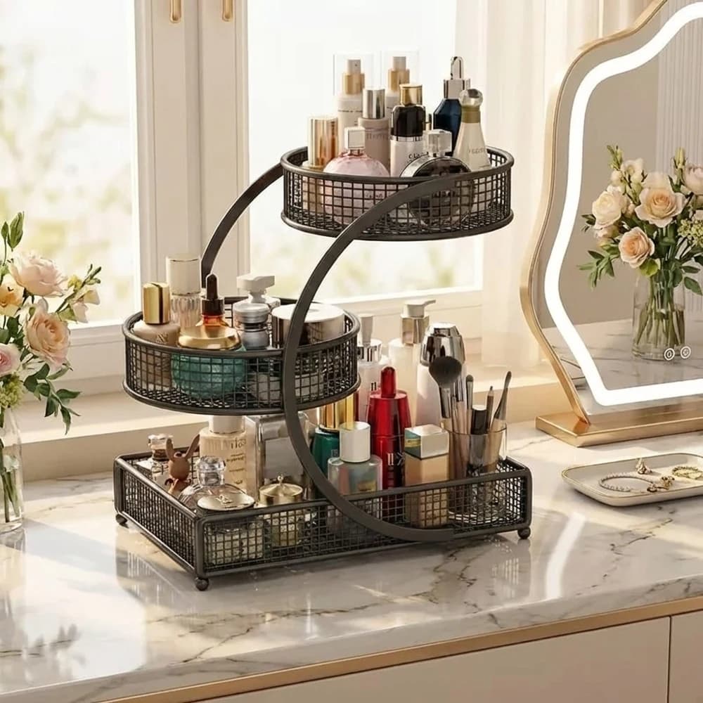 Espositore per Cosmetici a 3 Livelli in Metallo, Organizzatore Senza Installazione, Stand Leggero Multilivello da Bancone per Prodotti Skincare