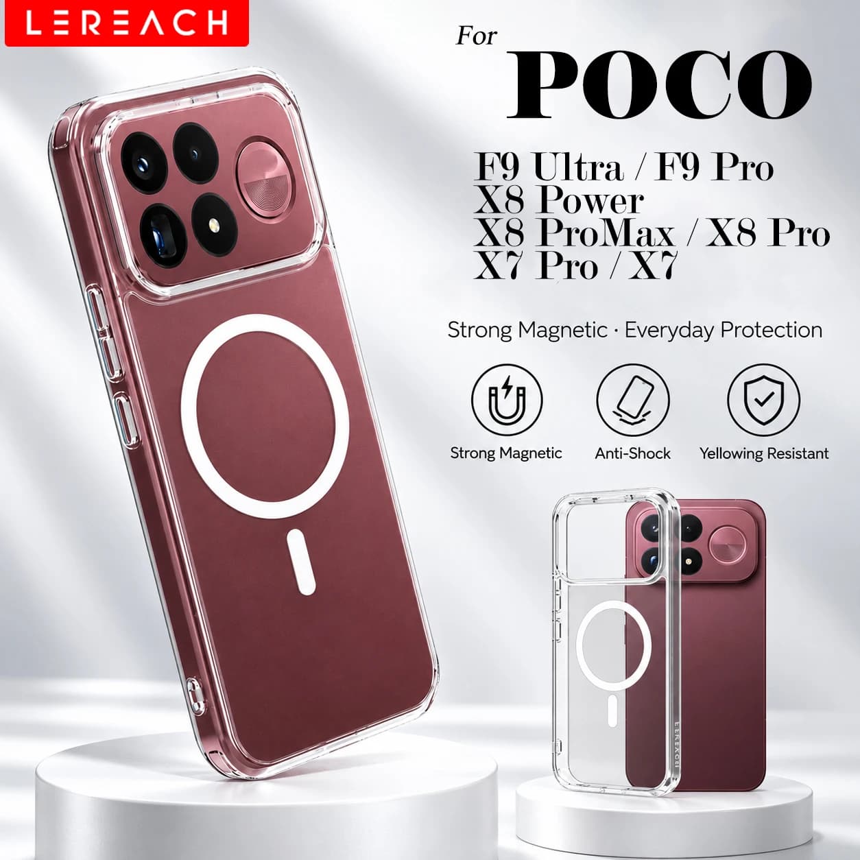 Lereach for POCO F9 Ultra F9 Pro X8 Pro Max X7 Pro Magnetic Crystal Clear 4-Corner Shockproof Phone Case Wireless Charging Cover