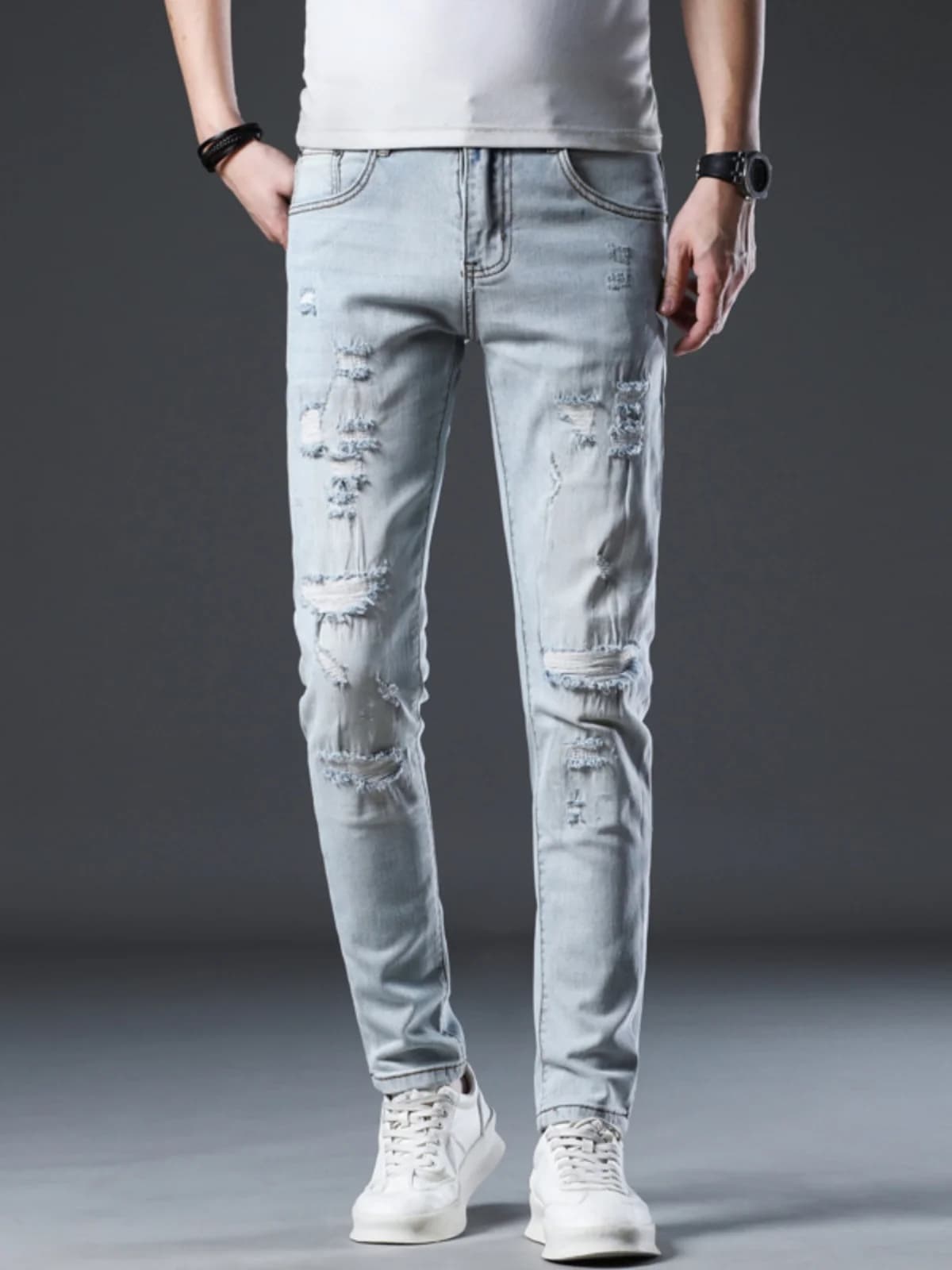 High-End Men's Skinny Jeans with Patchwork Retro Style Elastic Waist Cotton Denim Wear Resistant Casual Straight Leg Fit Jeans