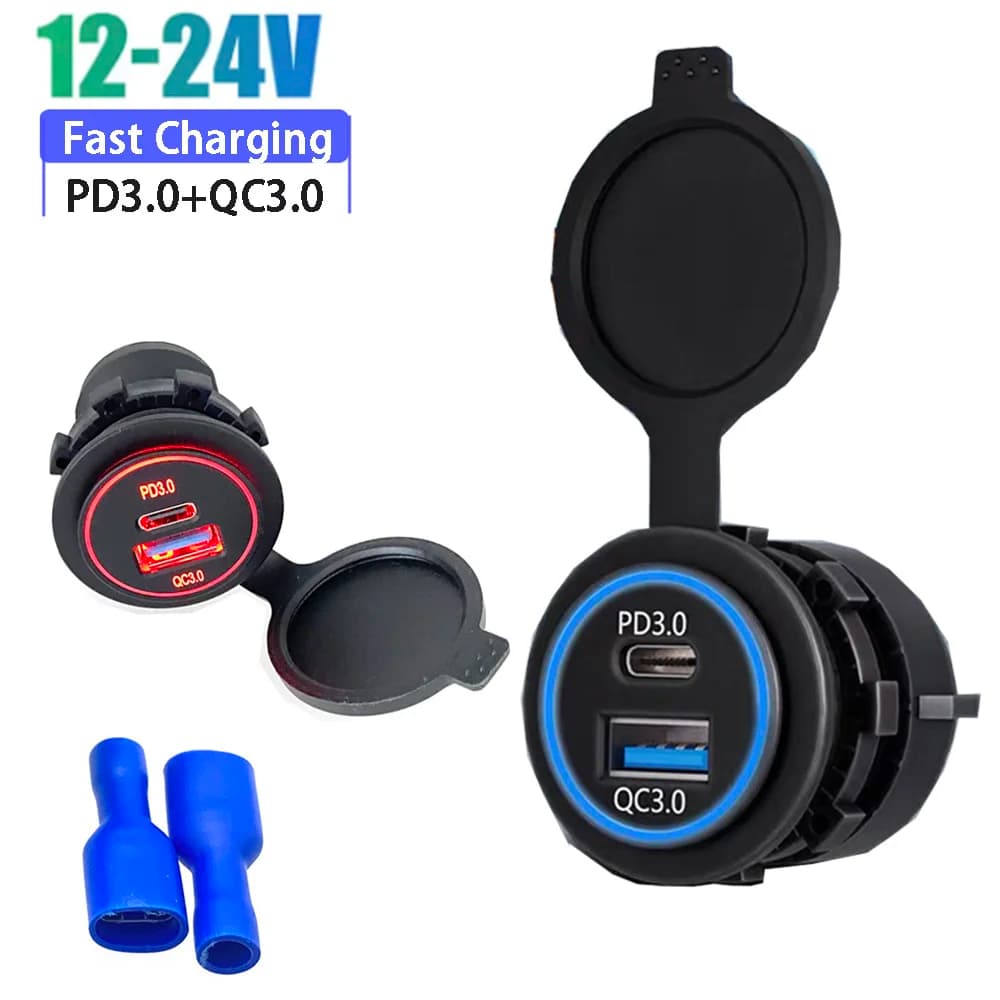 PD3.0 and QC3.0 car fast charger plug, waterproof dual USB C ports with LED 66W fast charging 12V/24V for Motorcycle car adapter
