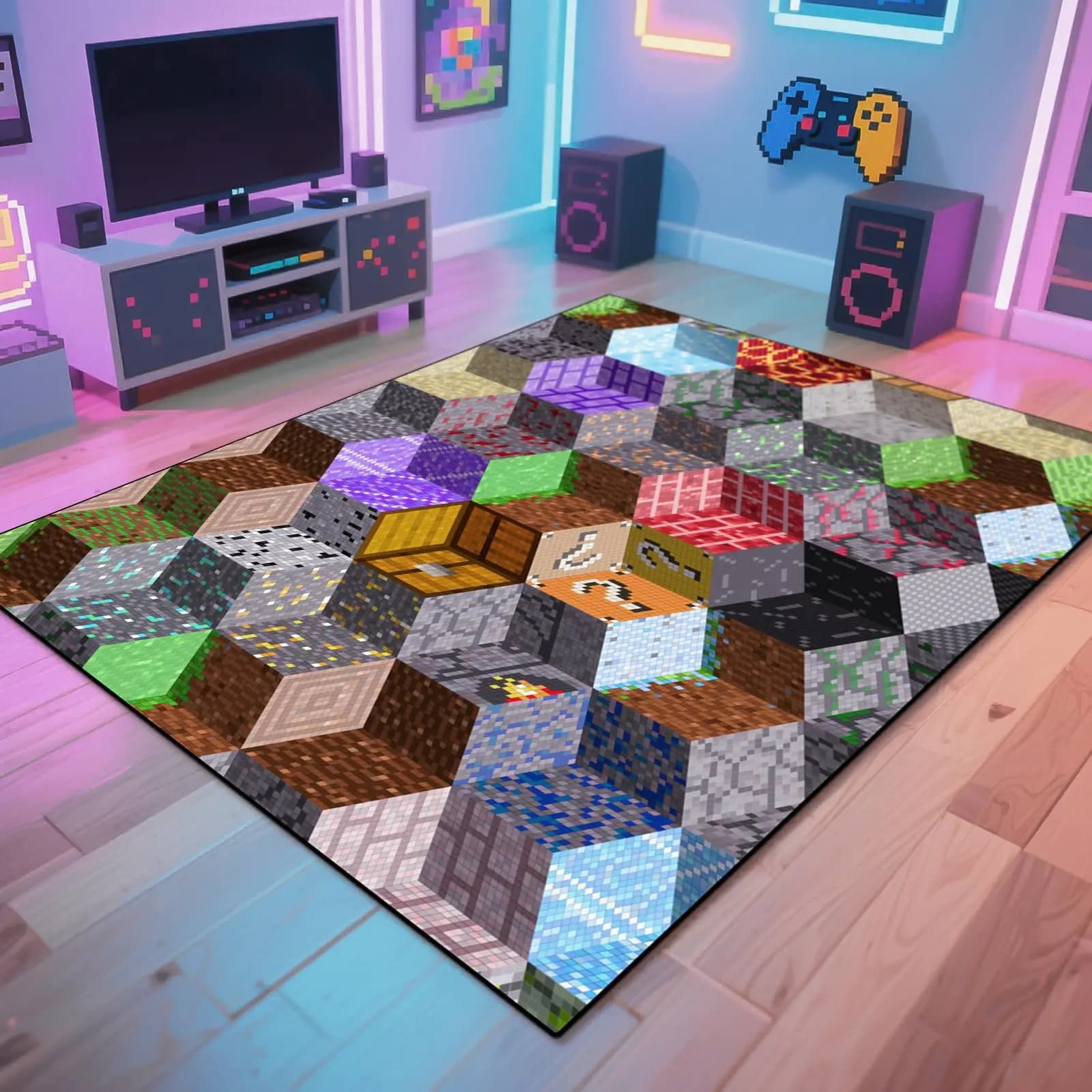 Block Game Rug Teen Boys Carpet with Pixel Games Element Decoration Mat, Non-Slip Children Gaming Area Rugs