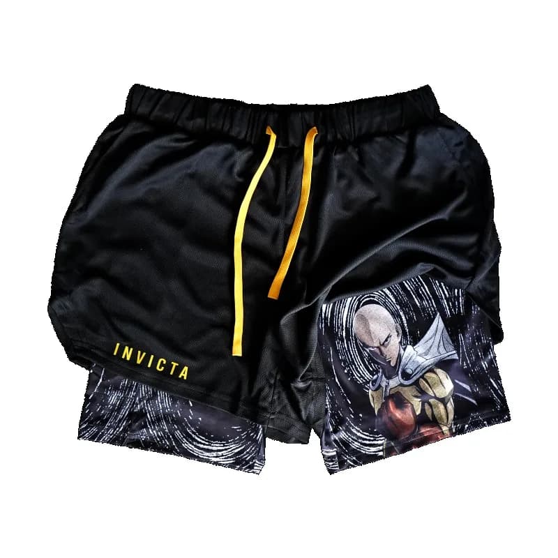 Anime One Punch Man Saitama 2-in-1 Compression Shorts Summer Quick Drying Sport Shorts Breathable Gym Workout Shorts