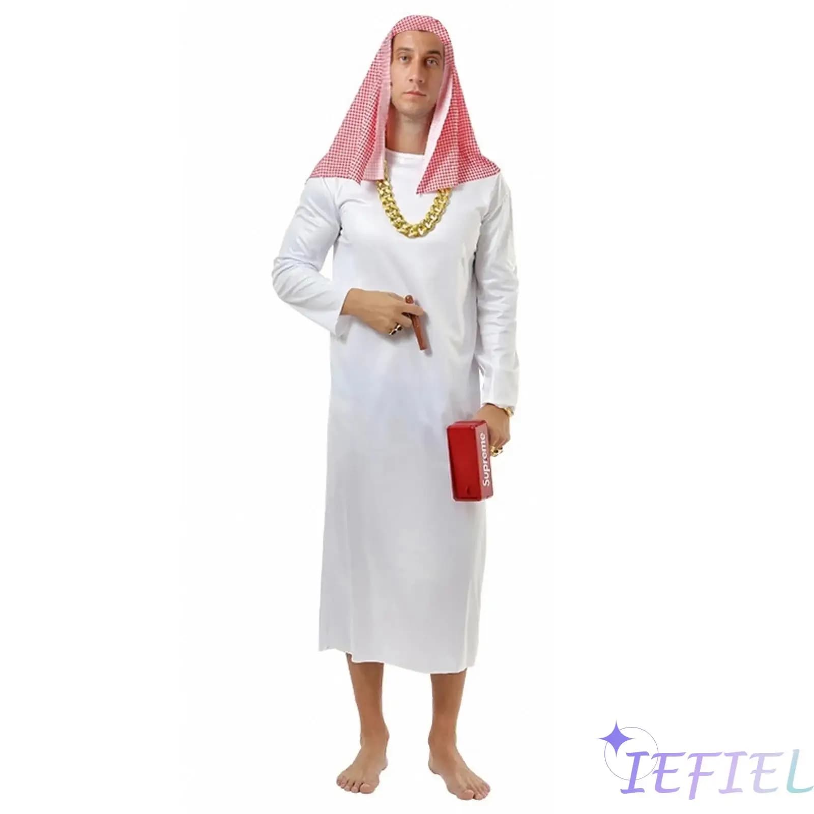 Mens Arab Costume with Robe And Head Scarf Long Sleeve Pullover Long Tunic Head Wrap 2 Pc Set for Halloween Fancy Dress-up Party