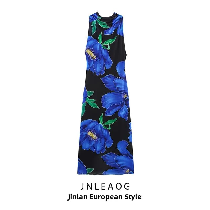 JNLEAOG Autumn New Women's Dress Elegant Print Draping Skirt Polyester Fiber Summer Casual round Neckline No Sleeve
