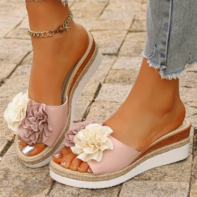 Sandali con plateau con decorazioni floreali rosa da donna 2026 Pantofole con zeppa con suola spessa estiva Donna Plus Size 43 Scarpe da spiaggia espadrillas in iuta