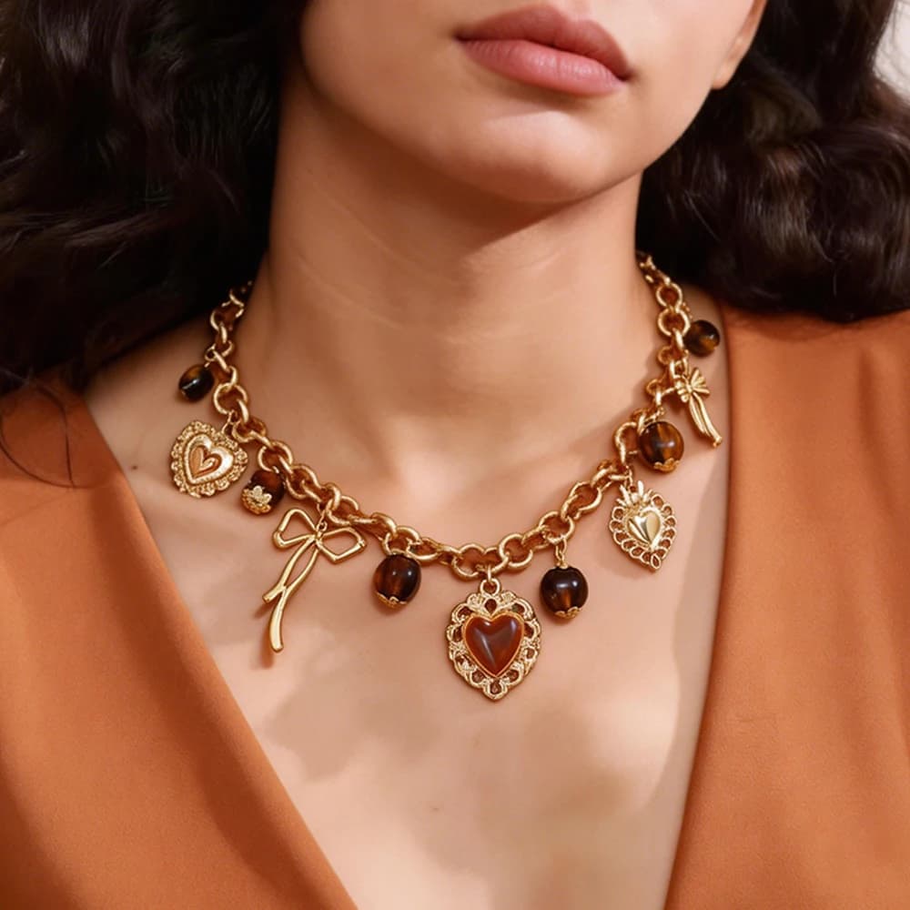 Vintage Heart Bow Charm Choker Necklace Gold Tone Brown Crystal Pendant Gothic Y2K Dainty Jewelry For Women Trendy Party Gift
