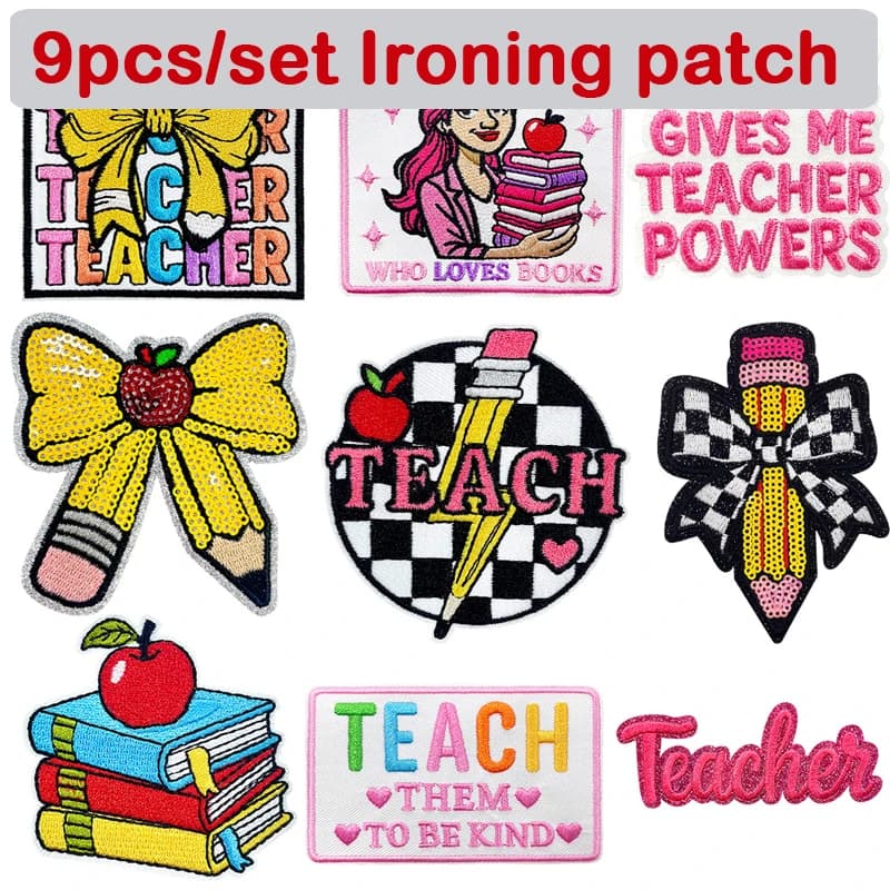 9pcs /set Teachers' Day Theme Ironing Patches Pencil Apple Bow Embroidery Cloth Stickers Clothing School Uniform Accessories