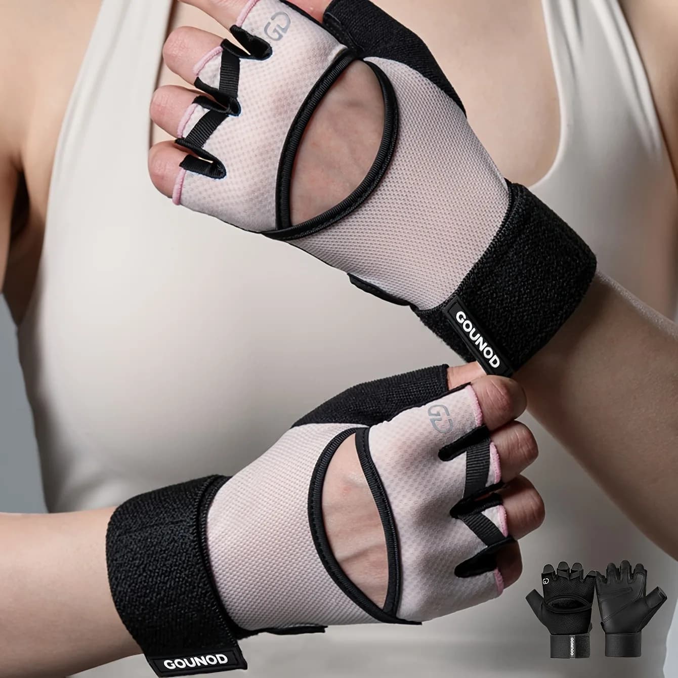 Gym Gloves for training half fingers with wrist support and anti-slip handle, hook and adjustable ring closure, PinkBlackPinkPinkPink - Breath