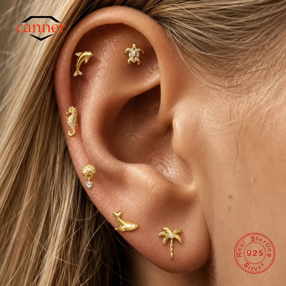 CANNER 1PC 925 Sterling Silver Ocean Animal Dolphin Turtle Seahorse Whale Palm Tree Shell Cartilage Earrings Women Cute Ear Bone