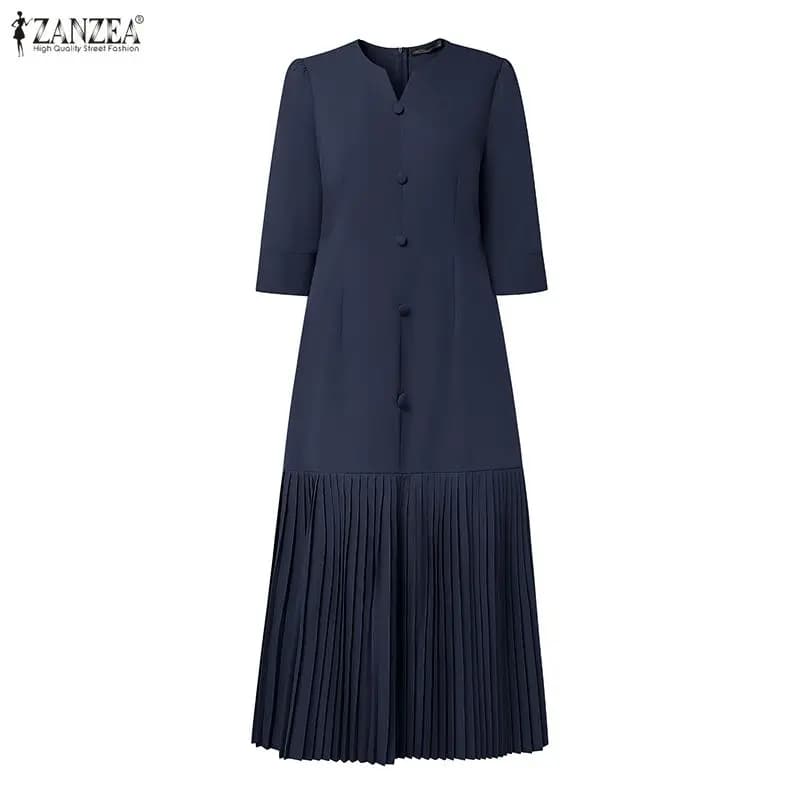 Women's longuette dresses with pleated hem Elegant V-neck half sleeves Trapezio dress 2026 Summer fashion ZANZEA Ladies Clothing