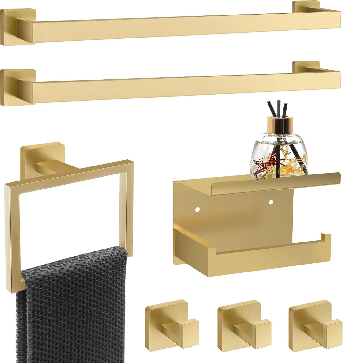 Set di accessori da bagno in oro spazzolato da 7 pezzi con portasciugamani, porta carta igienica e ganci