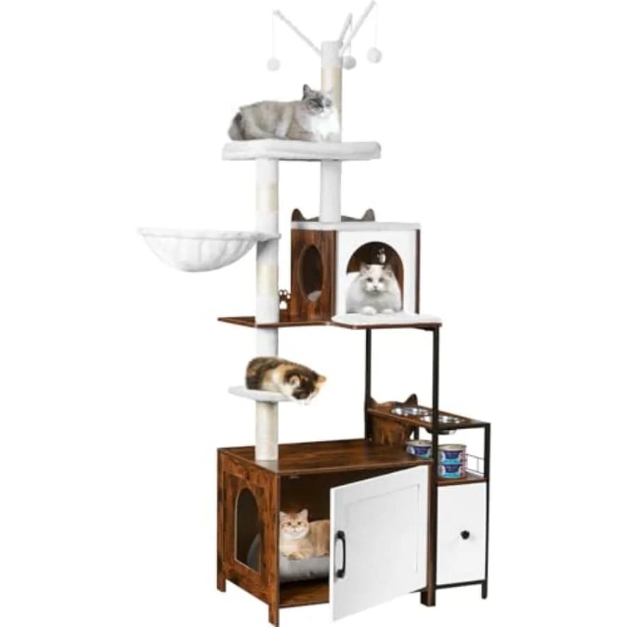 Tiragraffi per Gatti con Lettiera Integrata 3-in-1, Torre Moderna per Gatti da Interno 67.32'' con Lettiera Nascosta e Confortevole Area Gioco