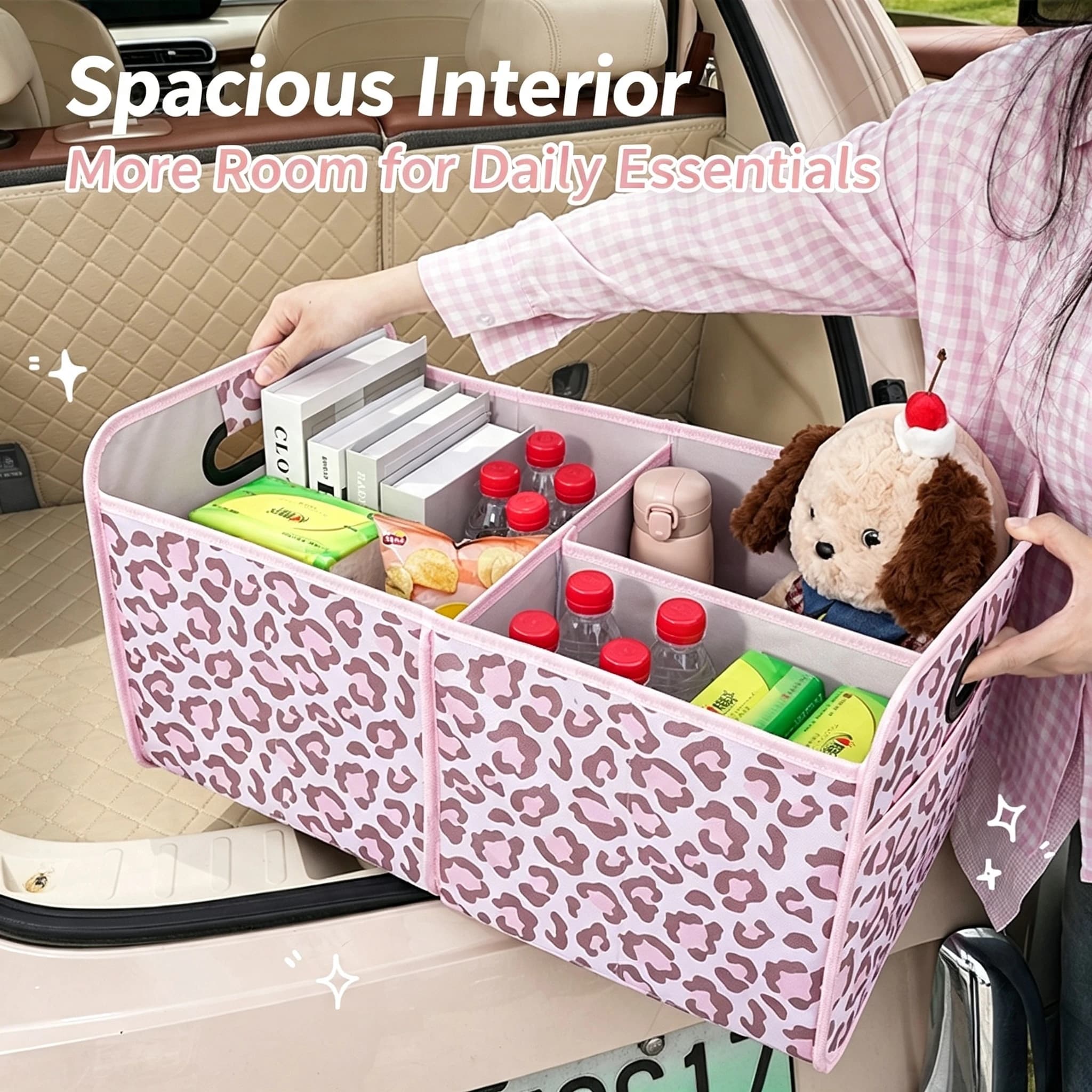 Leopard Print Car Trunk Storage Box, Foldable Multi-Compartment Car Storage Box with Handle, Made of Oxford Cloth, Suitable for Suvs, Trucks, and Sedans, Foldable Design for Easy Storage When Not in Use, a Must-Have Car Storage Item for Women