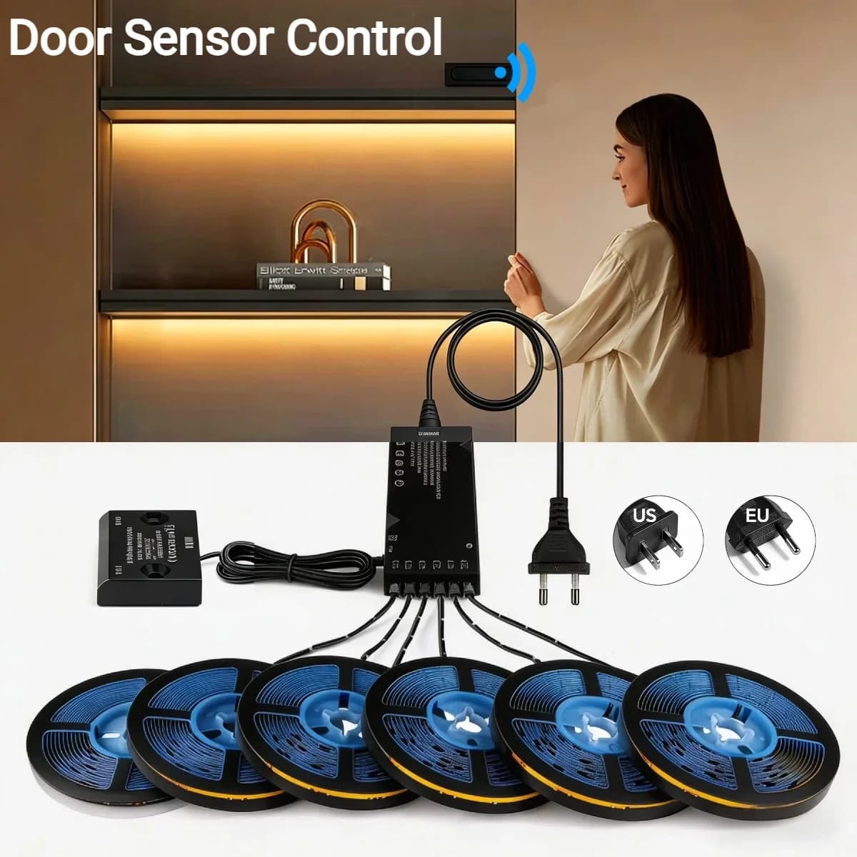 Strisce LED COB Controllate da Sensore per Porte, Illuminazione per Armadietti da 2-10 Pezzi, Design Nascosto con PCB Nero, Spina US/EU 110-240V