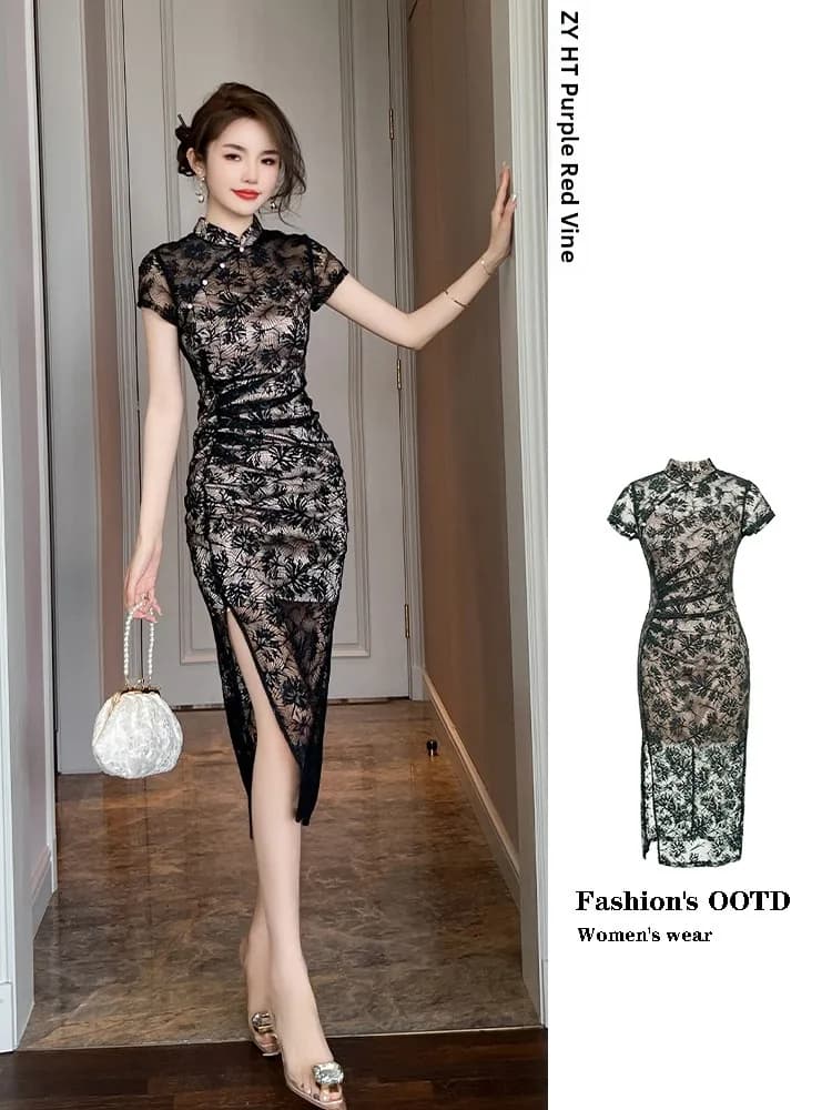 Abito Qipao Lungo Stile Giovane Versione Cinese Nuova, con Pizzo e Bottoni a Tema Acquerello, Hanfu Nazionale a Maniche Corte con Motivo Floreale