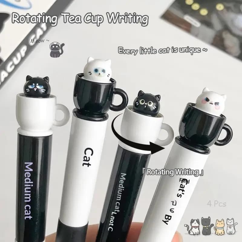 Penne Gel Gatto Tazza da Tè Carine in Offerta Speciale, 0.5mm, Divertenti Penne a Tema Animale ad Asciugatura Rapida, Penne Tascabili Girevoli a Forma di Gatto per Scuola e Ufficio