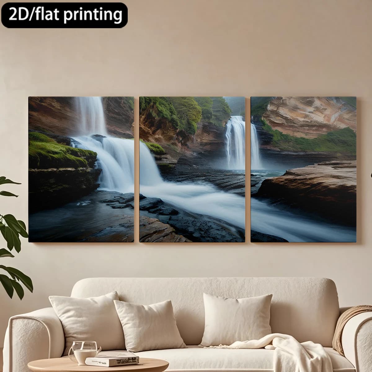 Decorative painting on canvas with wooden frame, 3 pieces. Spectacular double waterfalls, lush environment. Tende per camera da letto ikea.
