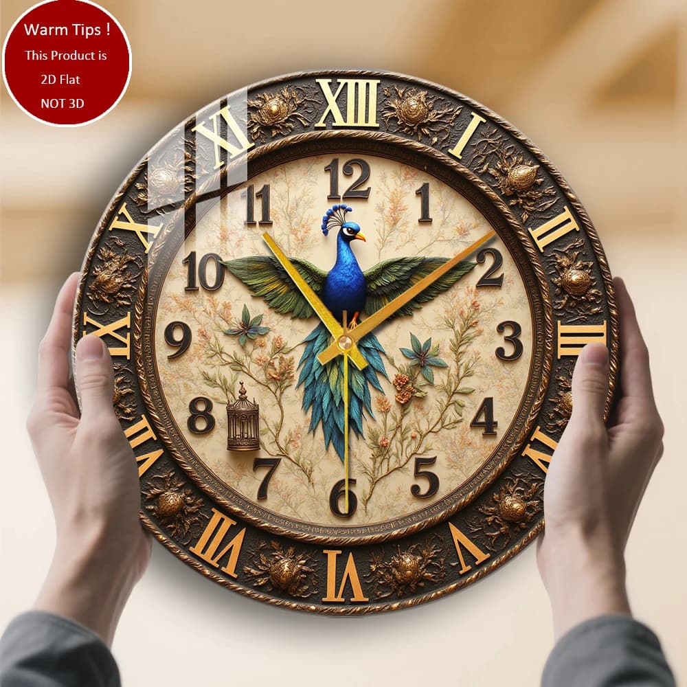 Tempered Glass Wall Clock Floral watch with peacock bird cage suitable for wall decorations or table displays everywhere