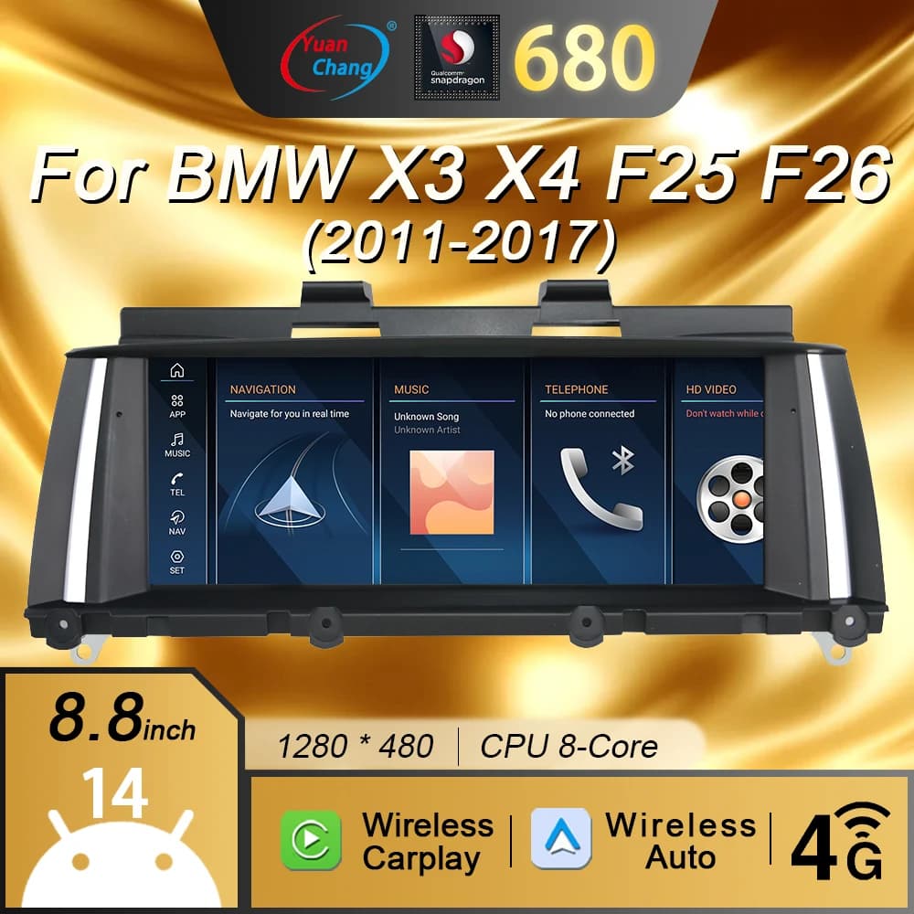 Lettore multimediale per auto wireless Qualcomm Snapdragon 680 da 8,8 pollici 4G Android14, adatto per BMW X3 F25 X4 F26