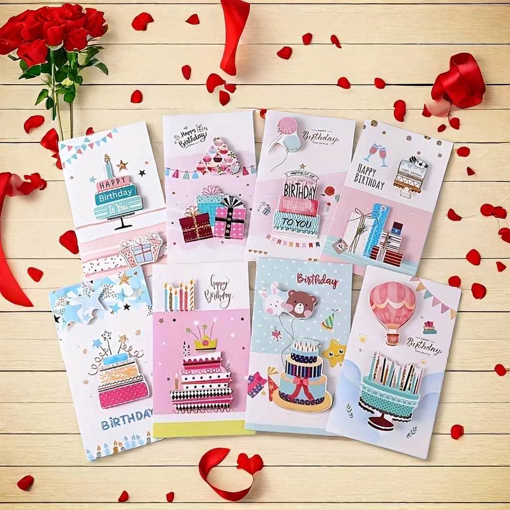 8 pezzi/set, biglietti d'auguri 3D di compleanno con buste, biglietti d'auguri, biglietti d'auguri di Natale, biglietti d'auguri di benedizioni