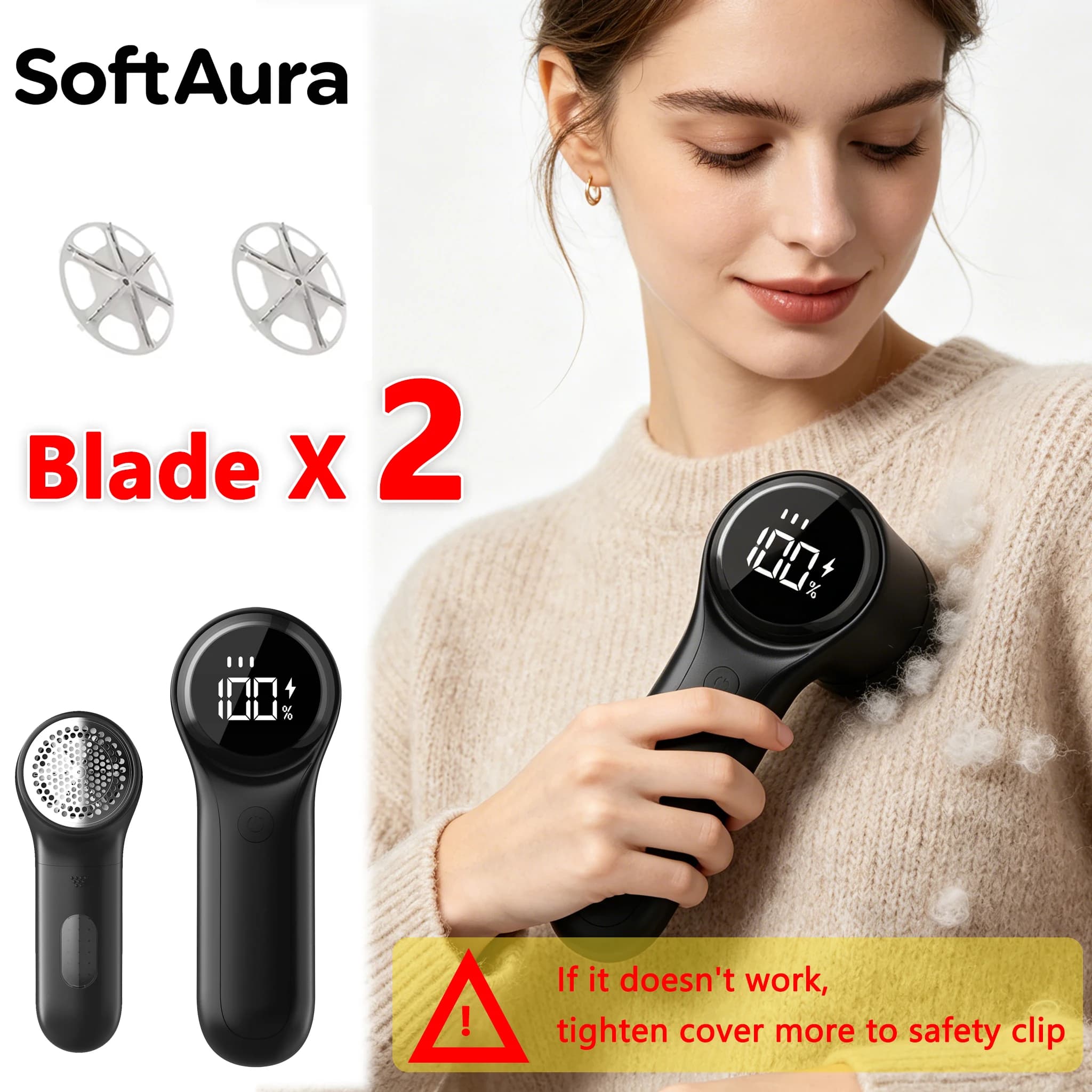 SoftAura Electric Lint Remover Fabric Shaver USB Rechargeable Sweater Shaver LED Display Fuzz Remover with 2 Blades for Home