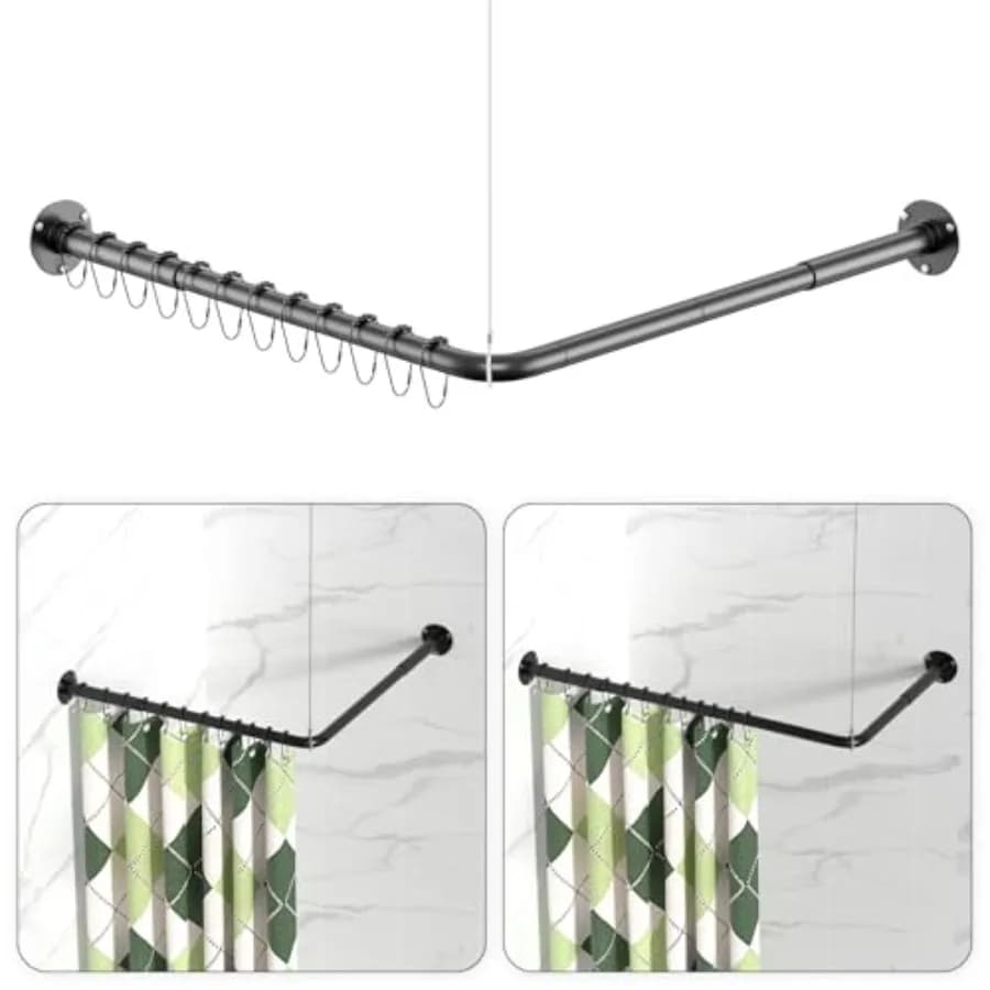 Aste per Tende Doccia a L Regolabili 23''-69'' X 23''-69'', Asta Angolare per Doccia con 12 Anelli per Tenda Doccia, Tutto in Acciaio Inox 304