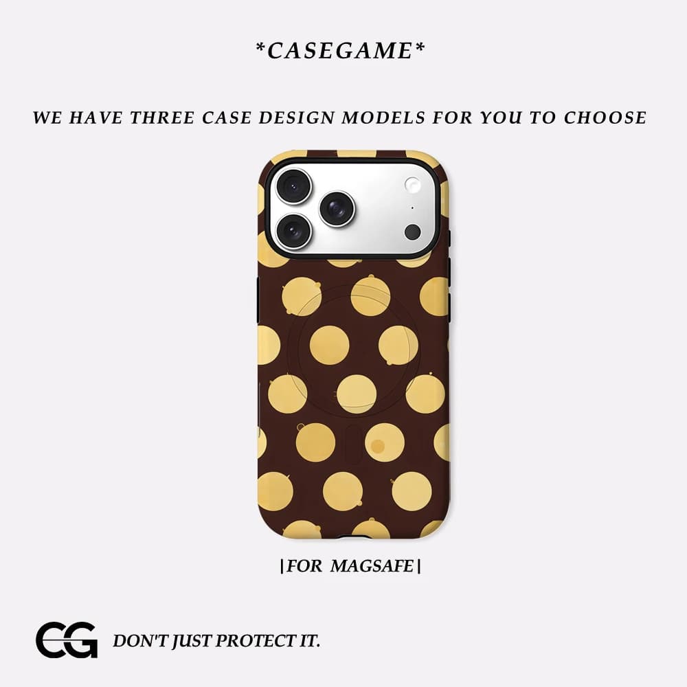Casegame Matte Bumper per Custodia MagSafe per iPhone 17 16 15 14 Plus 13 Pro Max Antiurto Rigida in PC con Sfere Dorate Marroni