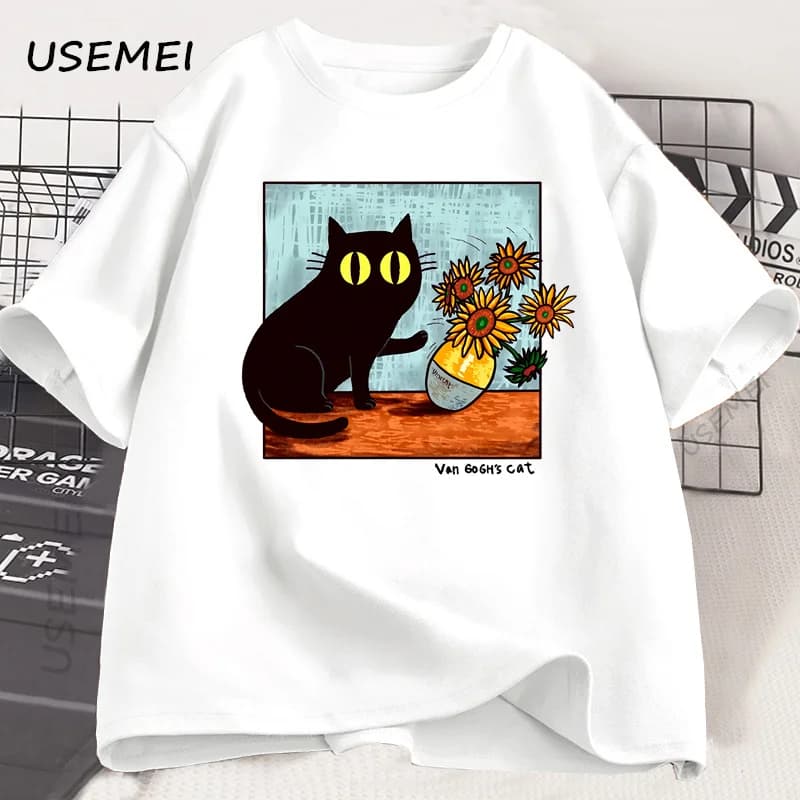 Van Gogh Men's Women's Women's Flower Cat Black T-Shirt Round Neck Cotton Short Sleeve T-Shirt Fashion Streetwear