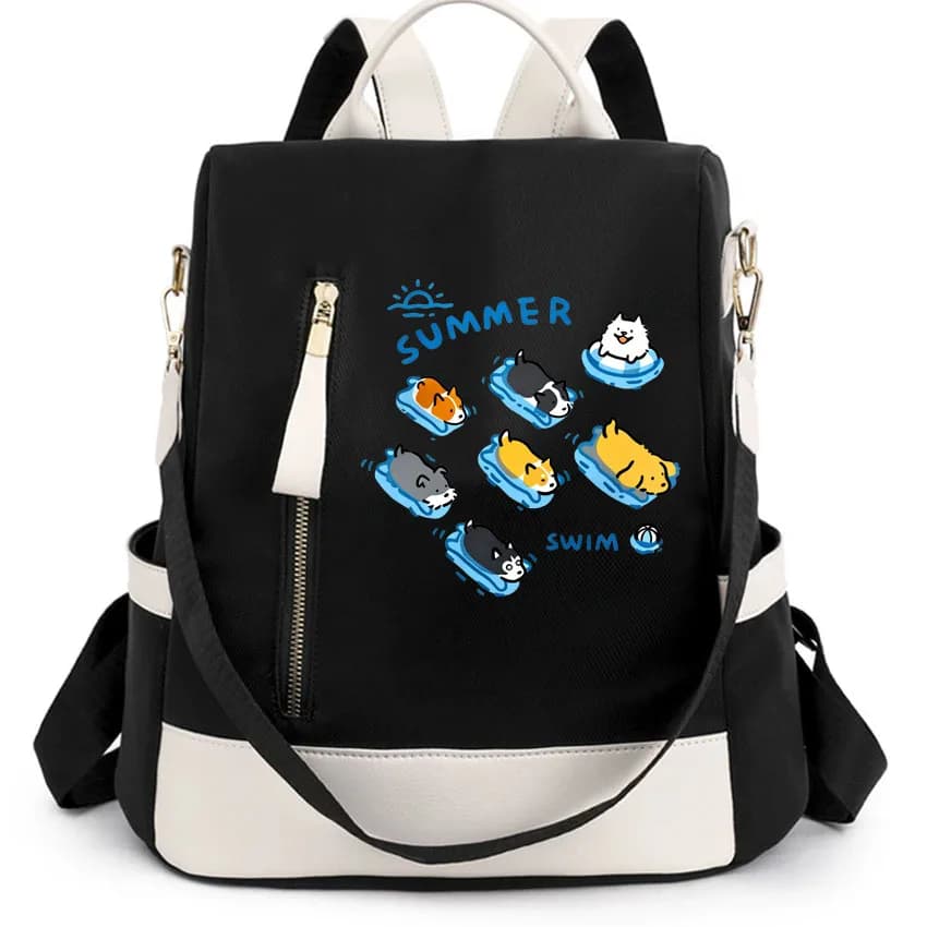 Zaino impermeabile da donna, divertente stampa in stile giapponese con gatti e cani che nuotano, borsa da scuola antifurto, borsa a tracolla da viaggio femminile