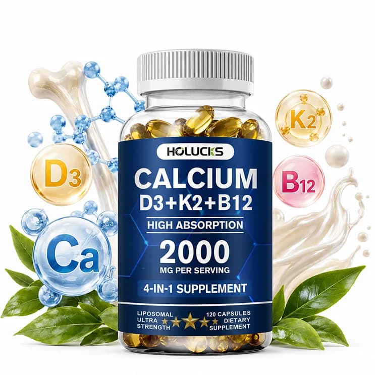 Calcium 2000mg Supplement, with Vitamin D3 K2 B12, Support Bone Teeth Muscle, Maintain Vascular Nerve & Immune Health, Energy