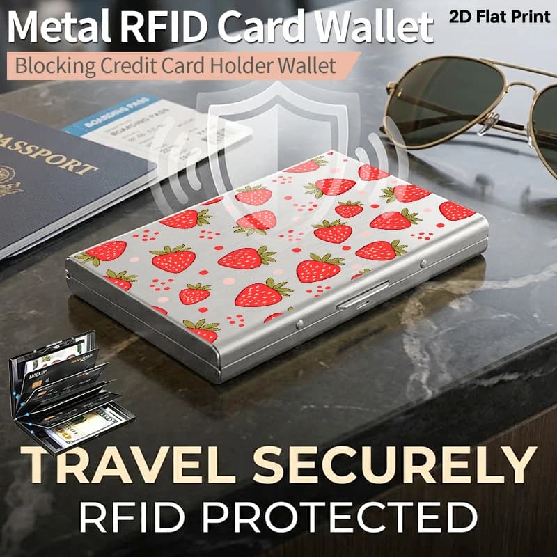Portacarte in Metallo RFID Anti-Furto con Motivo a Pois Fragola, Portafoglio Sottile in Alluminio con Apertura Laterale Satinata
