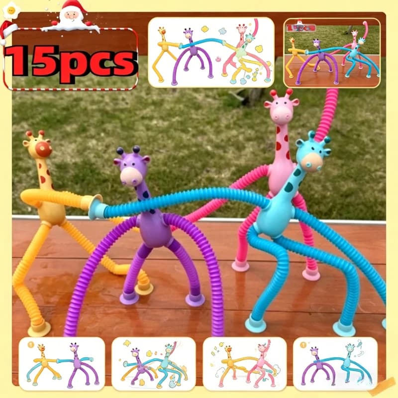 Set di 15 Tubi Pop a Forma di Giraffa con Ventosa, Giocattoli Sensoriali Antistress per Bambini, Gioco Educativo per la Prima Infanzia
