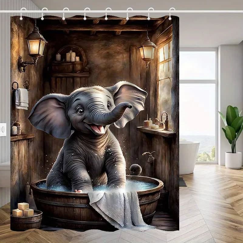 Tenda da doccia con simpatico elefantino, divertente stampa animale per l'ora del bagno, tenda da bagno impermeabile in poliestere con ganci