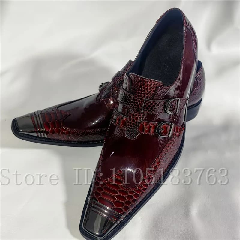 Scarpe Eleganti da Uomo Rosso Vino con Motivo Coccodrillo e Doppia Fibbia, Mocassini Formali con Punta Quadrata per Matrimoni, Feste, Ufficio e Business