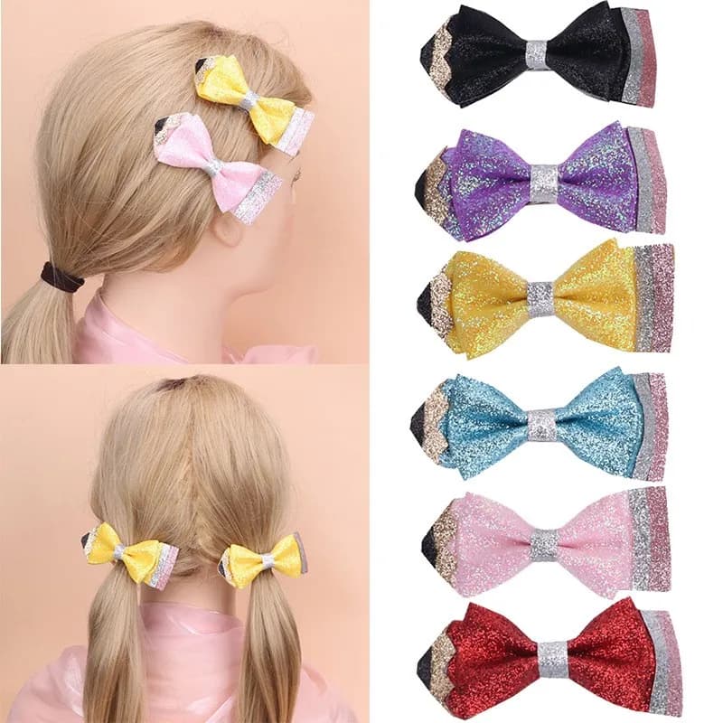 30 fermagli per capelli per bambine, con glitter, motivo a matita e fiocco, fermagli a fiocco, accessori per capelli per il ritorno a scuola per bambini