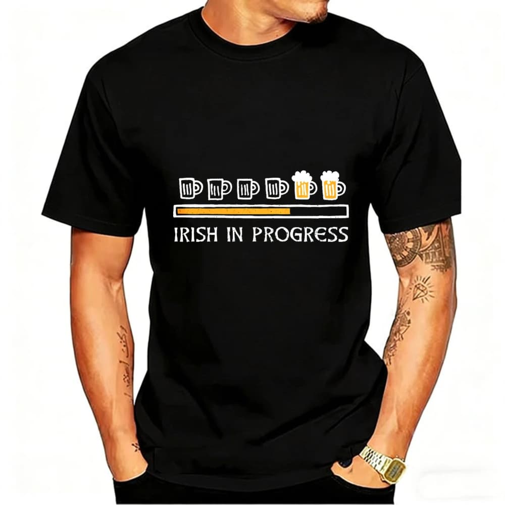 Maglietta in cotone a maniche corte con design 'Flat Irish in Progress Beer Mug Progress Bar', abbigliamento casual da festa, regalo per la festa di San Patrizio per uomo