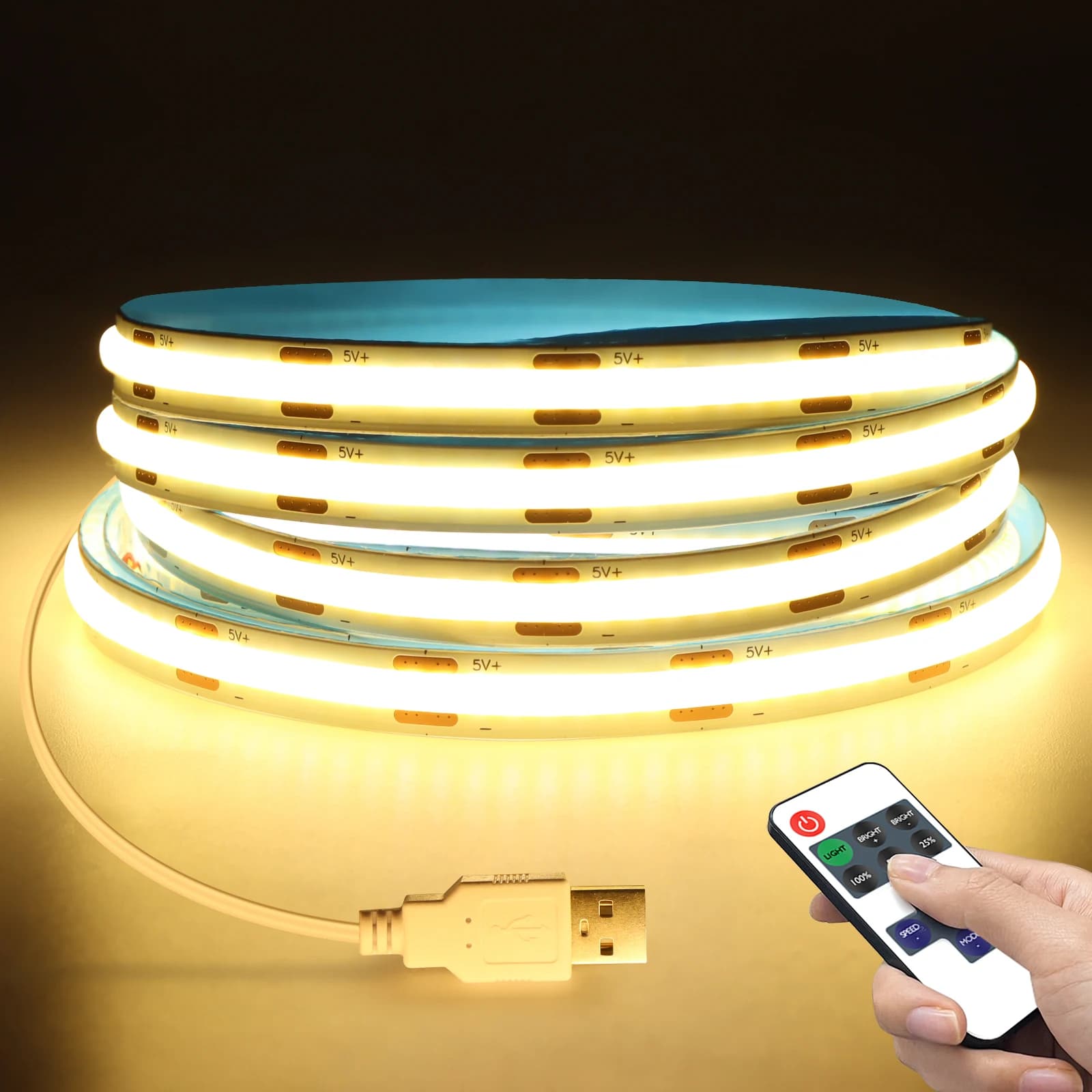 Striscia LED COB dimmerabile 5V con telecomando ON/OFF 1m 2m 3m 5m Striscia COB bianca/bianco caldo per illuminazione domestica interna