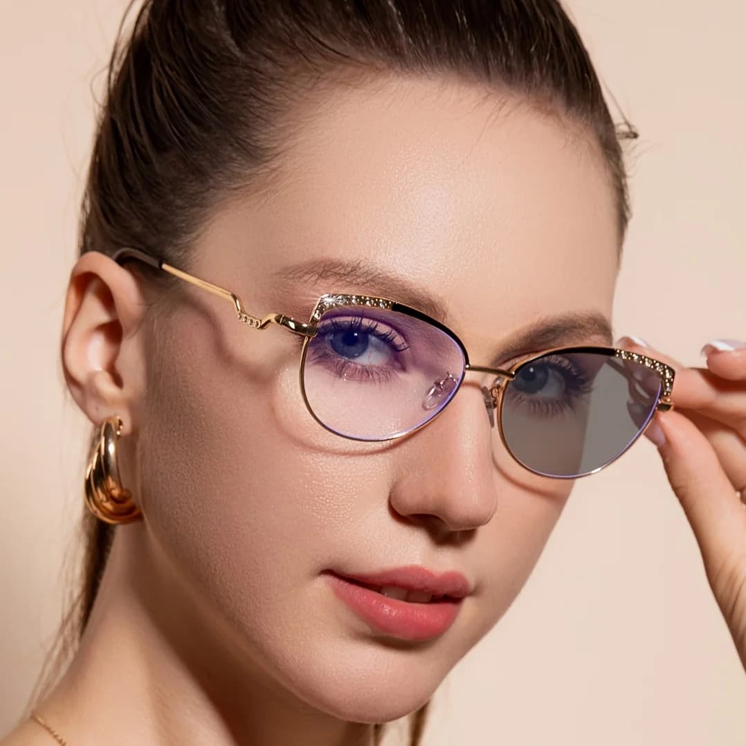 New color-changing women's fashion anti-blue glasses cat eye diamond flat glasses