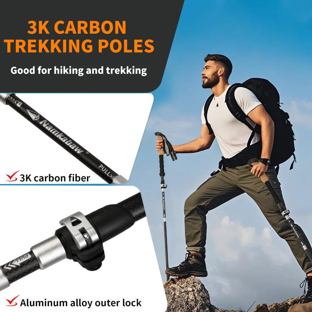3k Ultralight Trekking Sticks Foldable for Hiking with Fast Carbon Fiber Closure